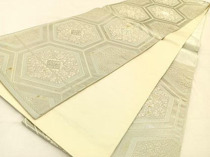 平和屋着物◎六通柄袋帯 唐織 亀甲花文 銀糸 正絹 逸品 BAAW0255hj