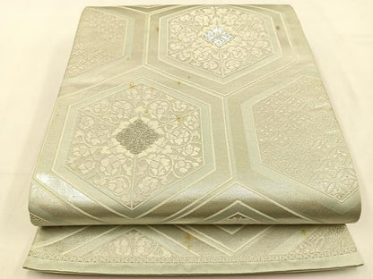 平和屋着物◎六通柄袋帯 唐織 亀甲花文 銀糸 正絹 逸品 BAAW0255hj