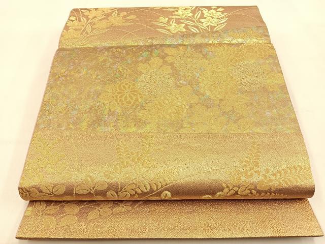 平和屋着物◎六通柄袋帯 草花文 金糸 引箔 正絹 逸品 BAAW0269hj