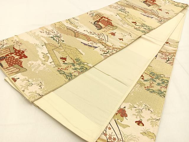 平和屋着物◎六通柄袋帯　平安人物風景文　金糸　正絹　逸品　BAAW0280hj