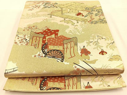 平和屋着物◎六通柄袋帯　平安人物風景文　金糸　正絹　逸品　BAAW0280hj