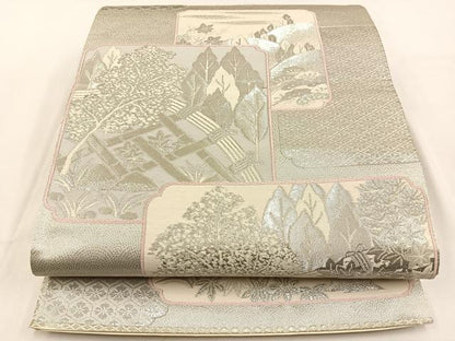 平和屋着物◎六通柄袋帯　唐織　籬樹林文　プラチナ箔　正絹　逸品　BAAW0287hj