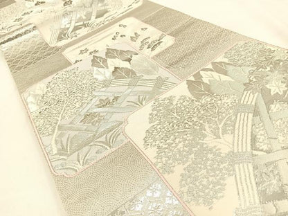 平和屋着物◎六通柄袋帯　唐織　籬樹林文　プラチナ箔　正絹　逸品　BAAW0287hj