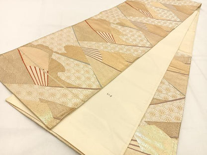 平和屋着物◎六通柄袋帯　唐織　扇面菊青海波　金糸　正絹　逸品　BAAW0288hj