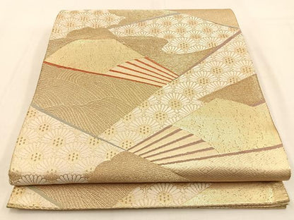 平和屋着物◎六通柄袋帯　唐織　扇面菊青海波　金糸　正絹　逸品　BAAW0288hj