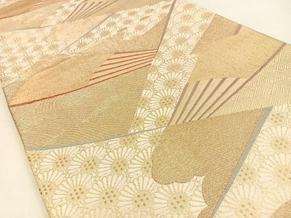 平和屋着物◎六通柄袋帯　唐織　扇面菊青海波　金糸　正絹　逸品　BAAW0288hj