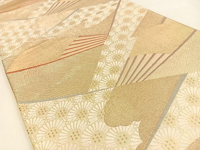 平和屋着物◎六通柄袋帯　唐織　扇面菊青海波　金糸　正絹　逸品　BAAW0288hj
