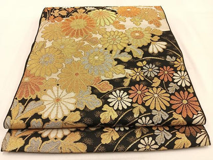 平和屋着物◎六通柄　本袋帯　菊　黒地　金銀糸　BAAW0289hj