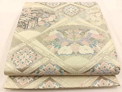平和屋着物◎六通柄袋帯　唐織　扇面天井文　プラチナ箔　正絹　逸品　BAAW0293hj