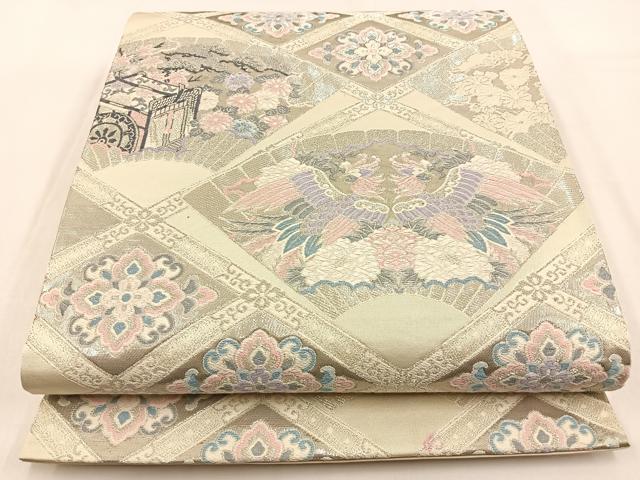 平和屋着物◎六通柄袋帯　唐織　扇面天井文　プラチナ箔　正絹　逸品　BAAW0293hj