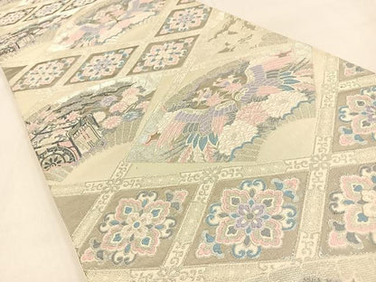 平和屋着物◎六通柄袋帯　唐織　扇面天井文　プラチナ箔　正絹　逸品　BAAW0293hj