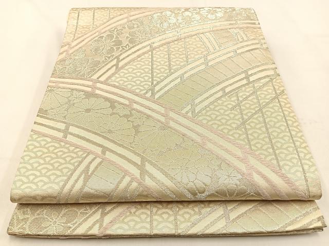 平和屋着物◎六通柄袋帯　渡橋花文　銀糸　正絹　逸品　BAAW0295hj
