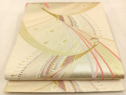 平和屋着物◎六通柄袋帯　唐織　孔雀　金銀糸　正絹　逸品　BAAW0297hj