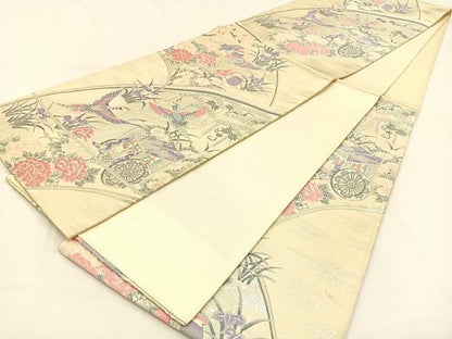 平和屋着物◎六通柄袋帯　唐織　扇面花鳥文　銀糸　正絹　逸品　BAAW0298hj