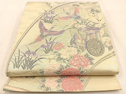 平和屋着物◎六通柄袋帯　唐織　扇面花鳥文　銀糸　正絹　逸品　BAAW0298hj