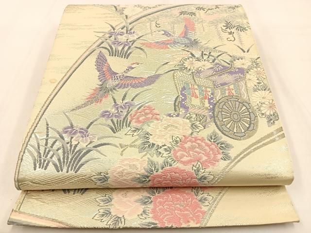 平和屋着物◎六通柄袋帯　唐織　扇面花鳥文　銀糸　正絹　逸品　BAAW0298hj