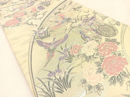 平和屋着物◎六通柄袋帯　唐織　扇面花鳥文　銀糸　正絹　逸品　BAAW0298hj