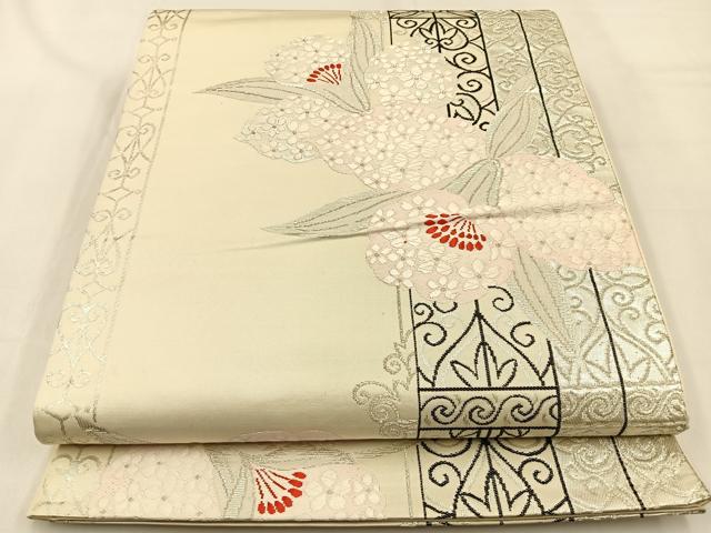 平和屋着物◎六通柄袋帯 唐織 カトレア 銀糸 正絹 逸品 BAAW0305hj
