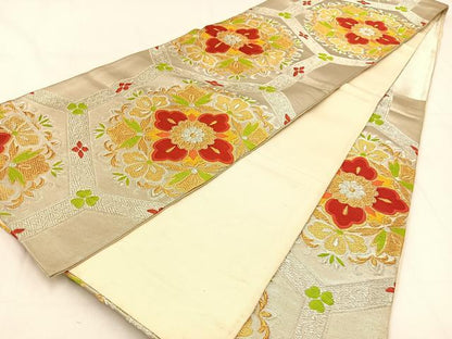 平和屋着物◎六通柄袋帯 唐織 亀甲正倉院花文 金銀糸 正絹 逸品 BAAW0311hj
