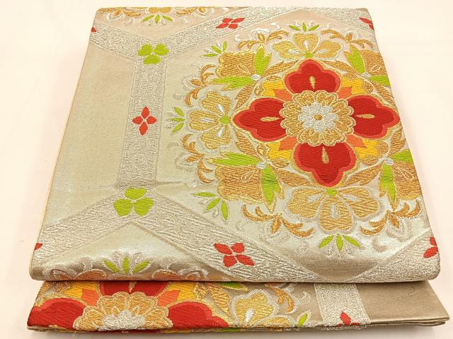 平和屋着物◎六通柄袋帯 唐織 亀甲正倉院花文 金銀糸 正絹 逸品 BAAW0311hj