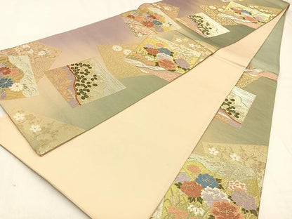 平和屋着物◎六通柄袋帯 唐織 色紙重ね草花文 金銀糸 引箔 正絹 逸品 BAAW0328hj