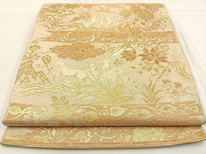 平和屋着物◎六通柄 本袋帯 人物動物花文 金糸 正絹 逸品 BAAW0329hj