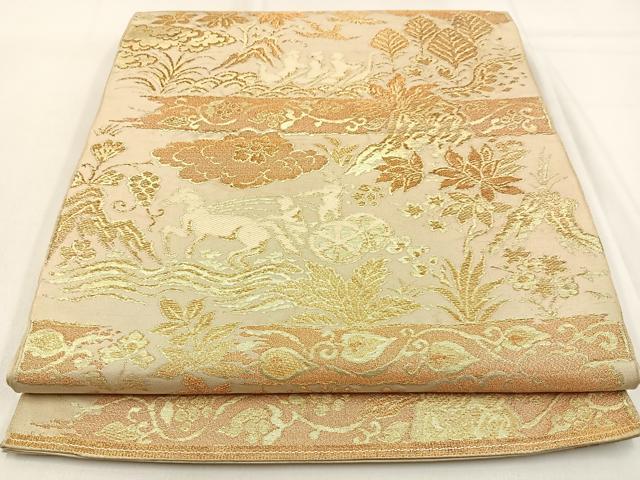 平和屋着物◎六通柄 本袋帯 人物動物花文 金糸 正絹 逸品 BAAW0329hj