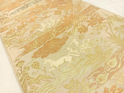 平和屋着物◎六通柄 本袋帯 人物動物花文 金糸 正絹 逸品 BAAW0329hj