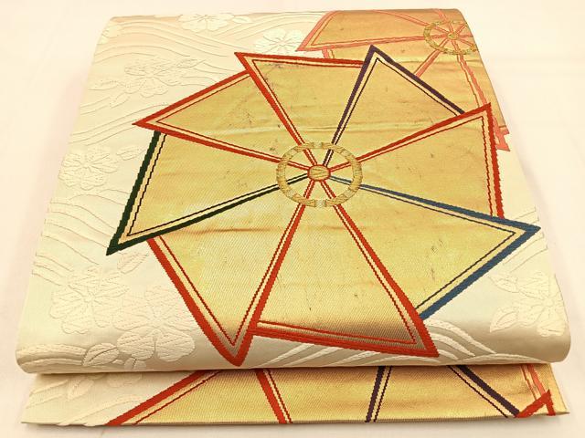 平和屋着物◎六通柄袋帯　唐織　風車波文　手織箔　金糸　正絹　逸品　BAAW0337hj