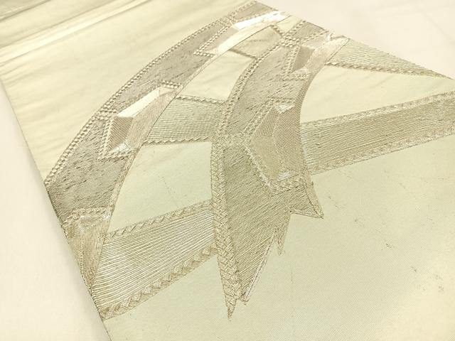 平和屋着物◎太鼓柄袋帯　総駒刺繍　片輪車文　銀糸　正絹　逸品　BAAW0338hj