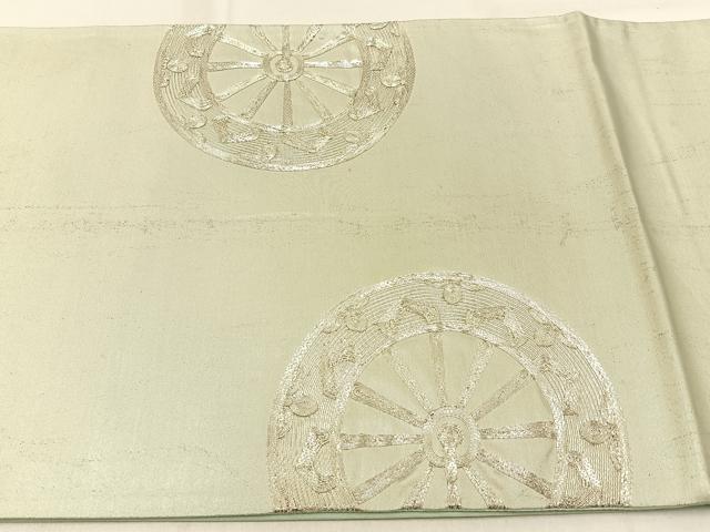 平和屋着物◎太鼓柄袋帯　総駒刺繍　片輪車文　銀糸　正絹　逸品　BAAW0338hj