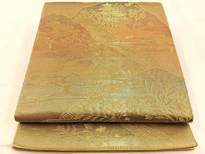 平和屋着物◎六通柄袋帯 重ね山風景文 金糸 正絹 逸品 BAAW0353hj