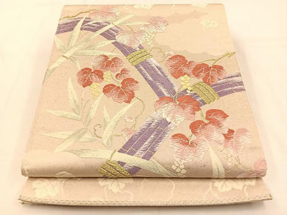 平和屋着物◎六通柄袋帯　唐織　笹竹葡萄蔦の葉文　金銀糸　正絹　逸品　BAAW0358hj