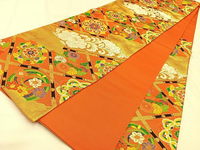 平和屋着物◎六通柄袋帯　唐織　菱天井花文　金糸　正絹　逸品　BAAW0359hj