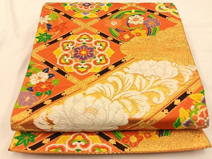 平和屋着物◎六通柄袋帯　唐織　菱天井花文　金糸　正絹　逸品　BAAW0359hj