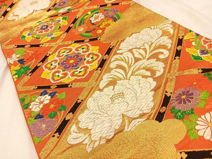 平和屋着物◎六通柄袋帯　唐織　菱天井花文　金糸　正絹　逸品　BAAW0359hj