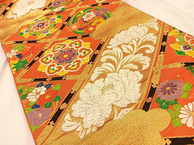 平和屋着物◎六通柄袋帯　唐織　菱天井花文　金糸　正絹　逸品　BAAW0359hj