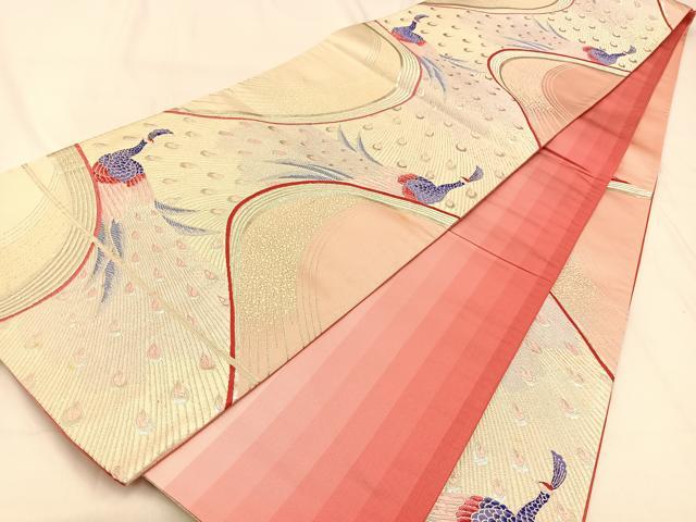 平和屋着物◎六通柄袋帯 唐織 孔雀 銀糸 正絹 逸品 BAAW0360hj