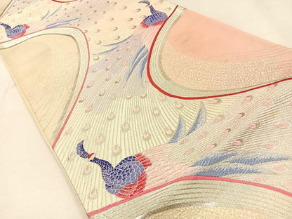 平和屋着物◎六通柄袋帯 唐織 孔雀 銀糸 正絹 逸品 BAAW0360hj