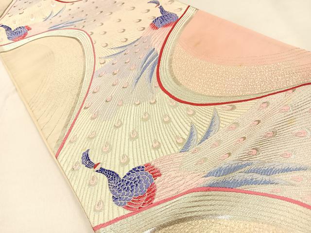 平和屋着物◎六通柄袋帯 唐織 孔雀 銀糸 正絹 逸品 BAAW0360hj