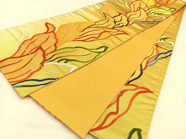 平和屋着物◎六通柄袋帯 唐織 草葉文 金糸 正絹 逸品 BAAW0362hj