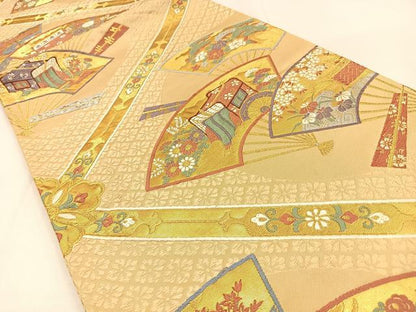 平和屋着物◎六通柄袋帯　唐織　天平菱取扇面文　金糸　正絹　逸品　BAAW0380hj