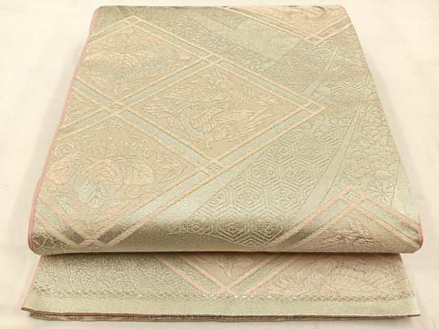 平和屋着物◎六通柄袋帯　菱天井花鳥文　銀糸　正絹　逸品　BAAW0381hj