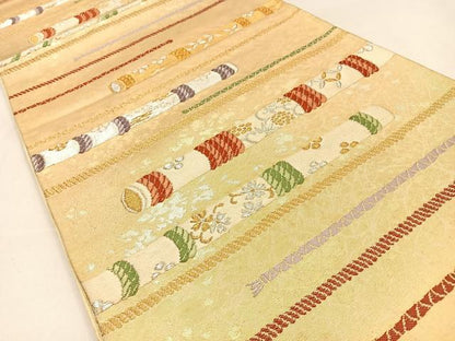 平和屋着物◎六通柄袋帯　唐織　横笛文　金銀糸　正絹　逸品　BAAW0386hj