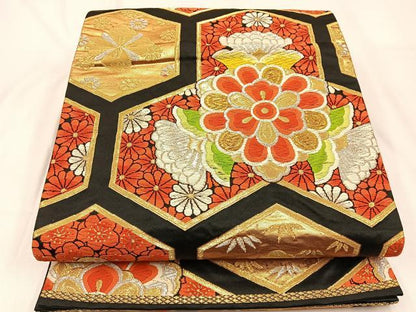 平和屋着物◎六通柄袋帯　唐織　毘沙門亀甲花文　黒地　金銀糸　正絹　逸品　BAAW0388hj