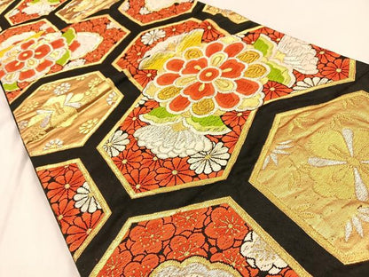 平和屋着物◎六通柄袋帯　唐織　毘沙門亀甲花文　黒地　金銀糸　正絹　逸品　BAAW0388hj
