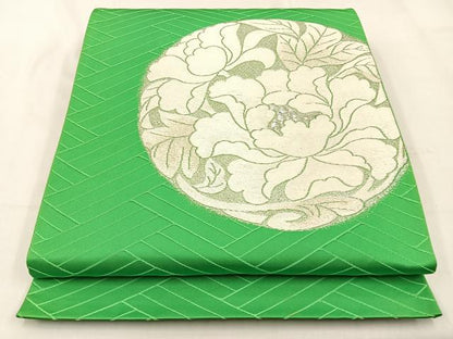 平和屋着物◎六通柄袋帯　唐織　牡丹丸文　銀糸　正絹　逸品　BAAW0389hj