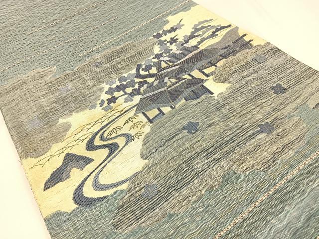 平和屋着物▽京の名門 じゅらく謹製 スリーシーズン 春夏秋 太鼓柄袋帯 漢方薬草染 手織 藍 櫛織 松竹梅 金彩 証紙付き 逸品 BAAW0391hj