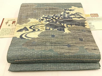 平和屋着物▽京の名門 じゅらく謹製 スリーシーズン 春夏秋 太鼓柄袋帯 漢方薬草染 手織 藍 櫛織 松竹梅 金彩 証紙付き 逸品 BAAW0391hj
