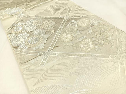 平和屋着物◎六通柄袋帯　唐織　美保姿　菱天井花文　銀糸　正絹　逸品　BAAW0394hj